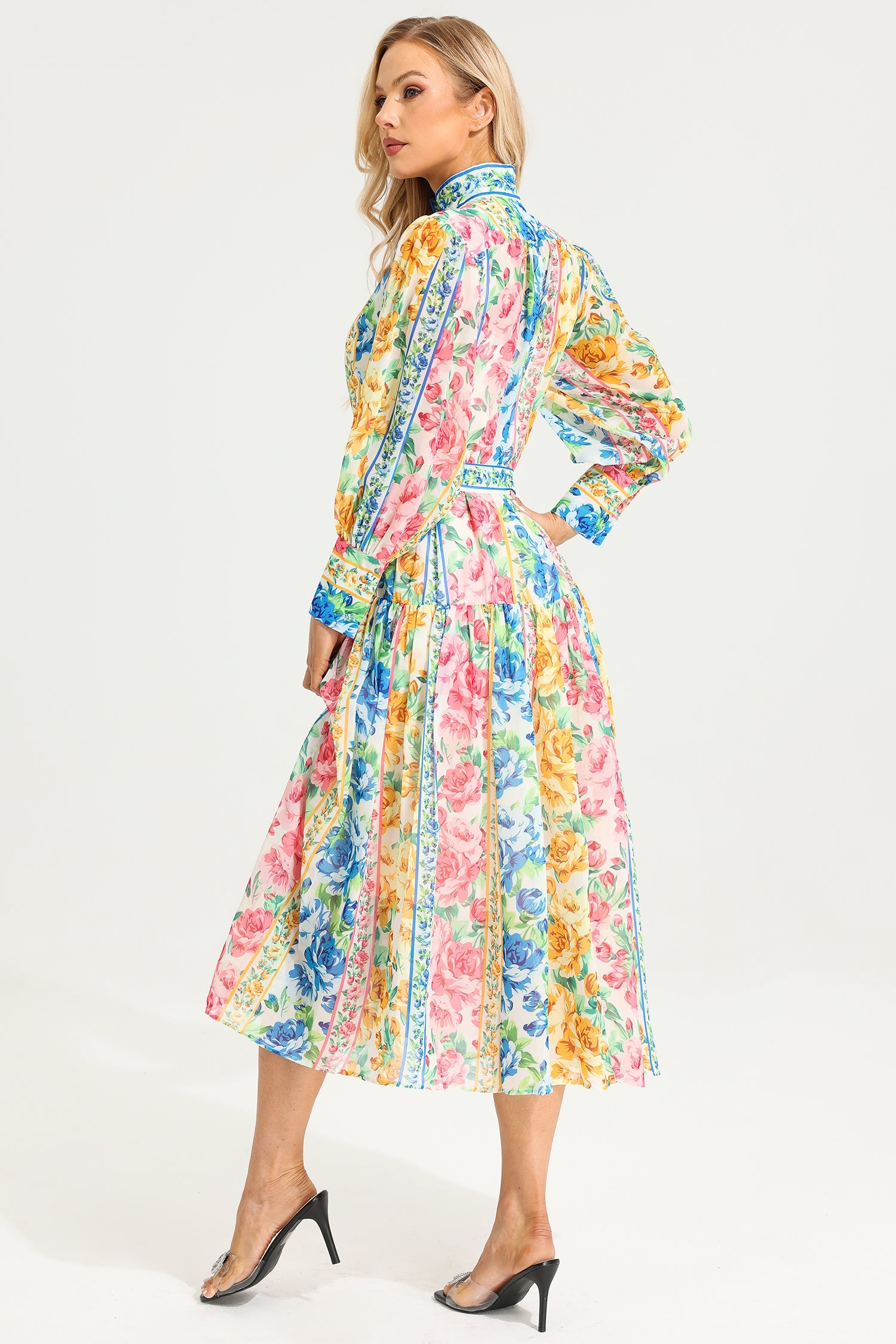 Floral Maxi-jurk met bloemenopstaande kraag en riem