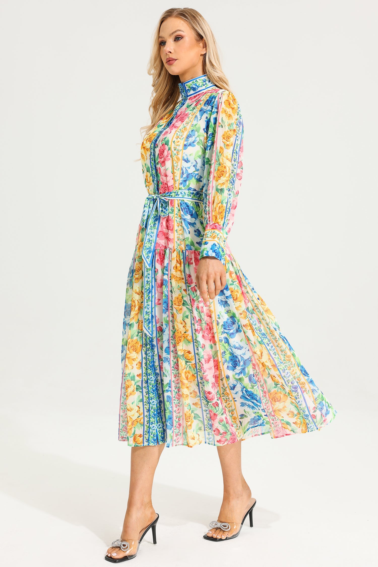 Floral Maxi-jurk met bloemenopstaande kraag en riem