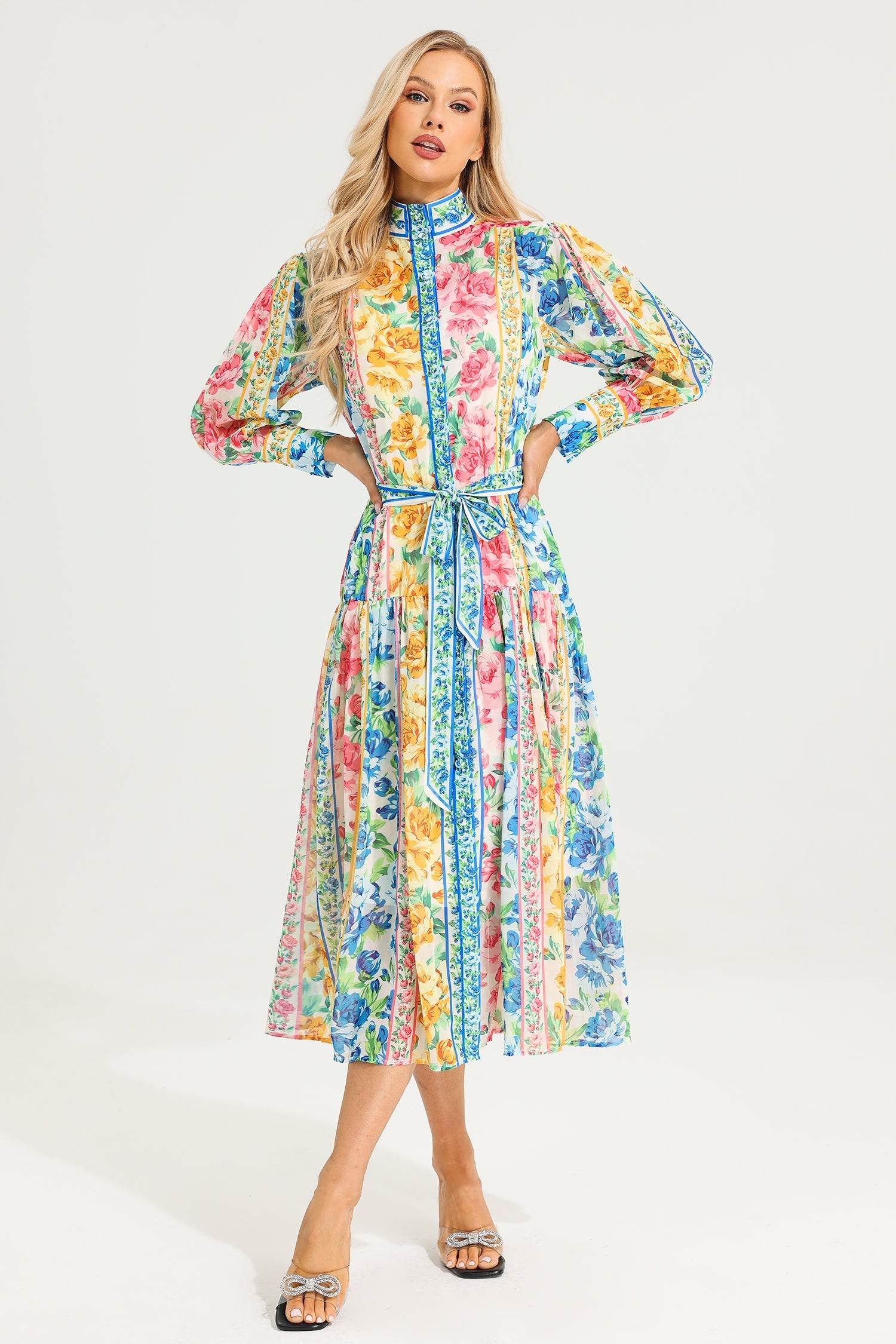 Floral Maxi-jurk met bloemenopstaande kraag en riem
