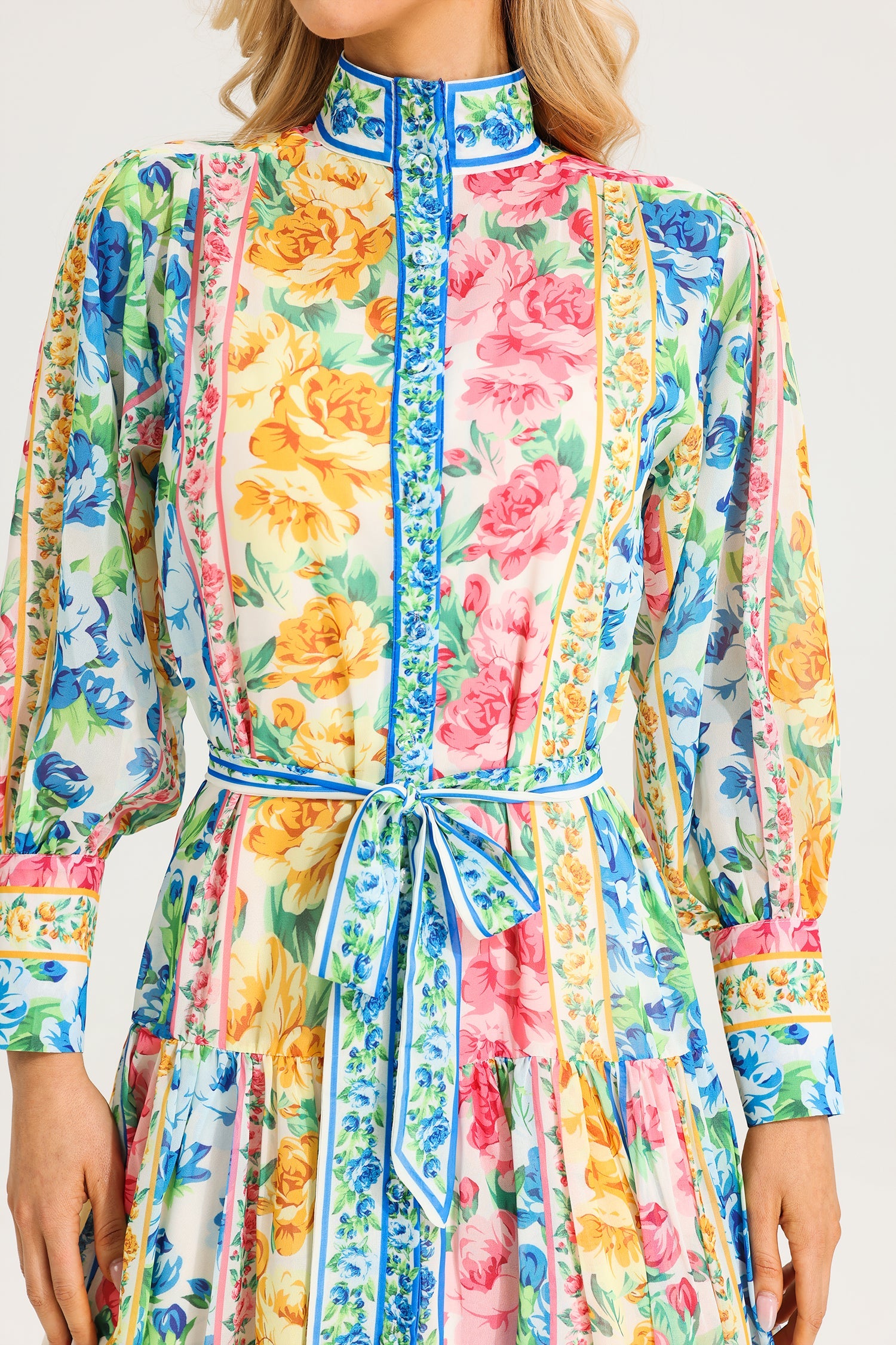 Floral Maxi-jurk met bloemenopstaande kraag en riem