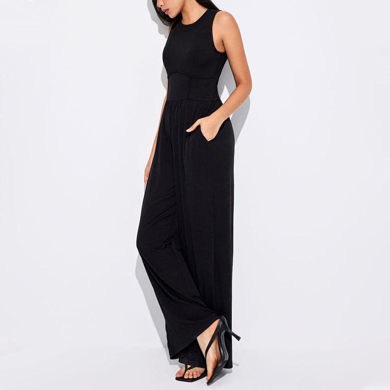Comfy damesjumpsuit met wijde pijpen, effen kleur