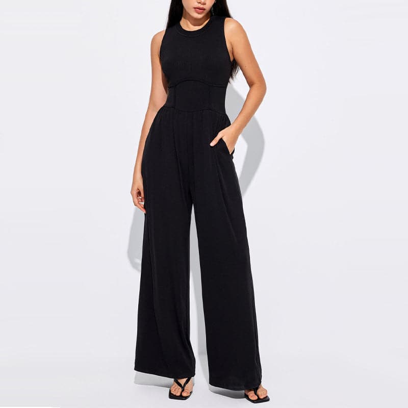 Comfy damesjumpsuit met wijde pijpen, effen kleur